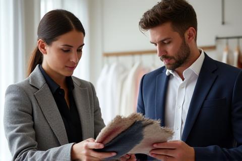 スタイリストとクライアントが生地のサンプルを検討している様子